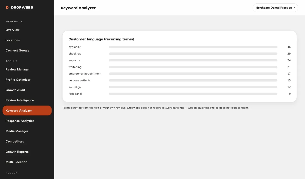 Keyword Analyzer showing recurring customer language extracted from Google reviews