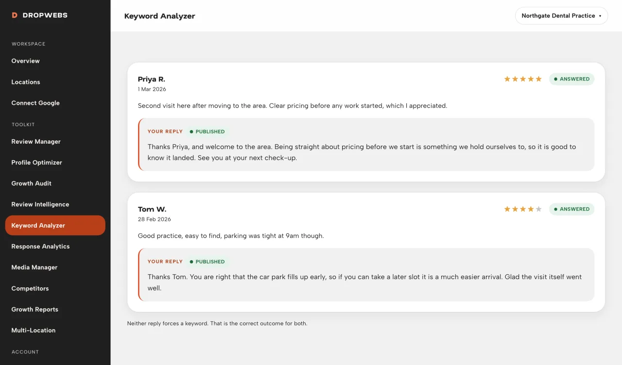 A Dropwebs review reply using a location keyword naturally within the sentence
