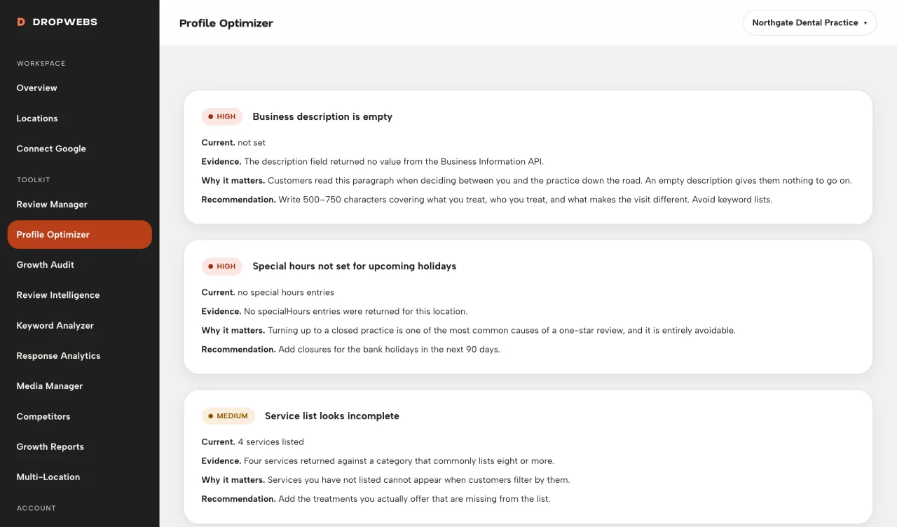 Optimizer finding with evidence