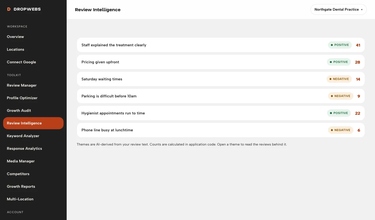 Review Intelligence in Dropwebs showing recurring themes extracted from real customer reviews