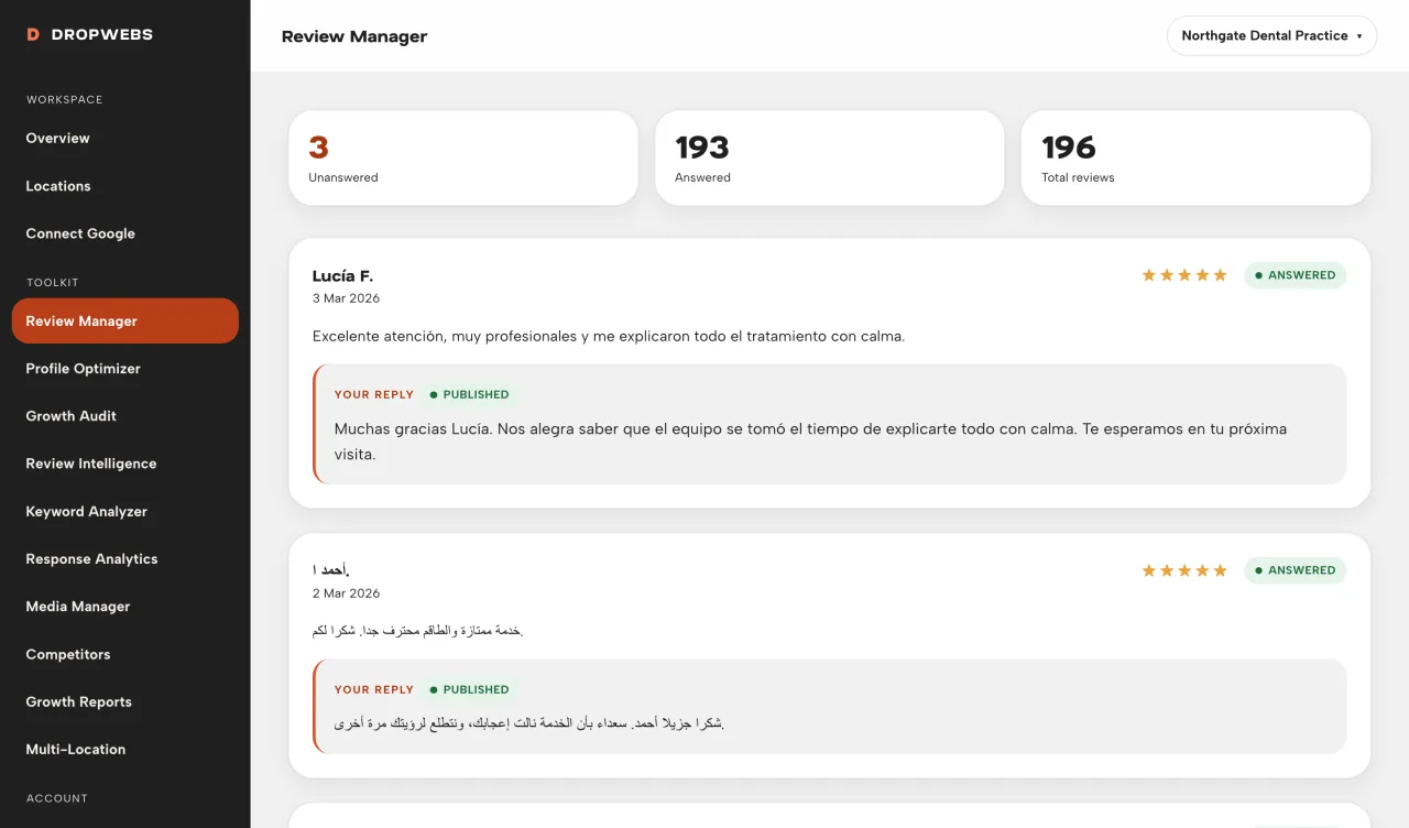 Dropwebs replying to reviews written in Spanish, Arabic and Roman Urdu in each original language