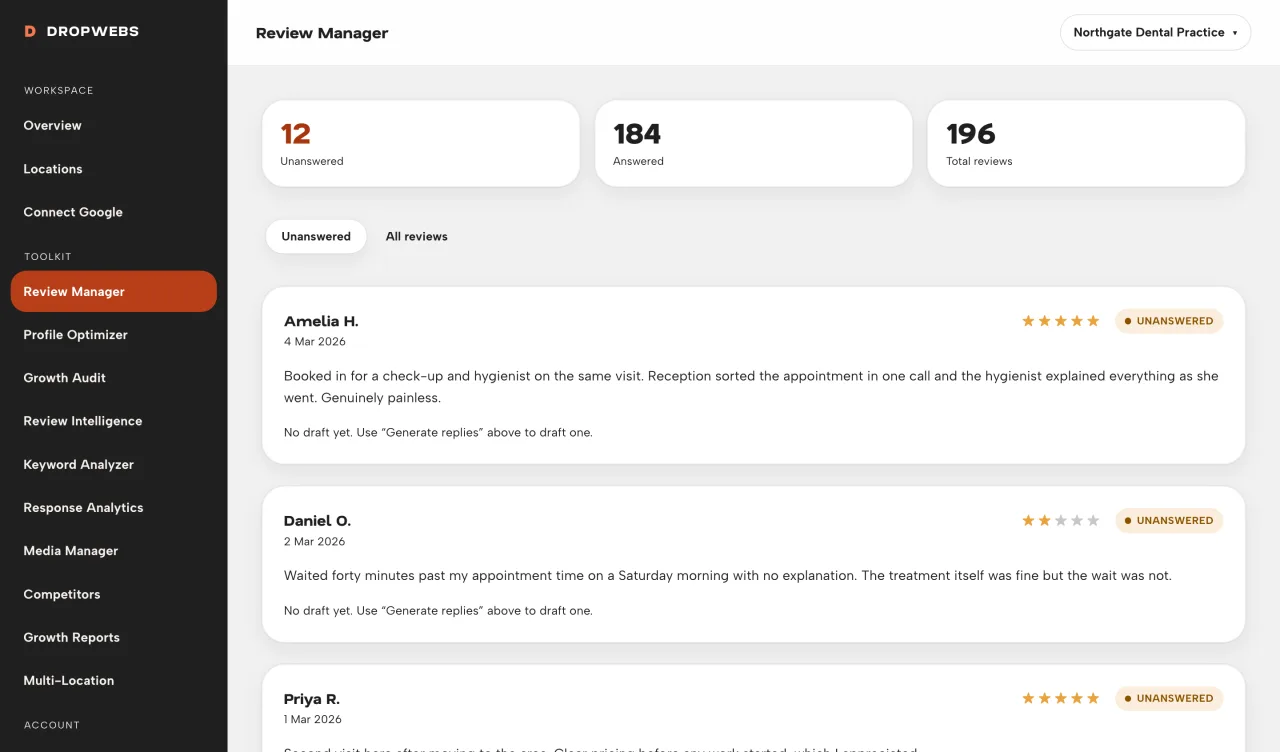 Review Manager queue in the Dropwebs workspace